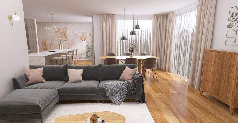 Gemütliches Wohn-Esszimmer mit offener Küche und Blumen-Fototapete