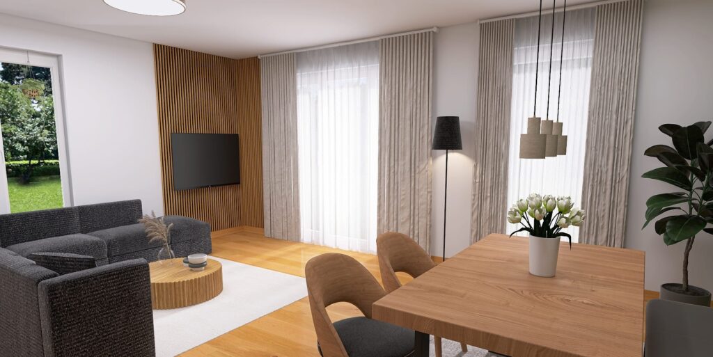 Wohn-Esszimmer mit Hänge-TV und Akustikpaneelen als Wandverkleidung