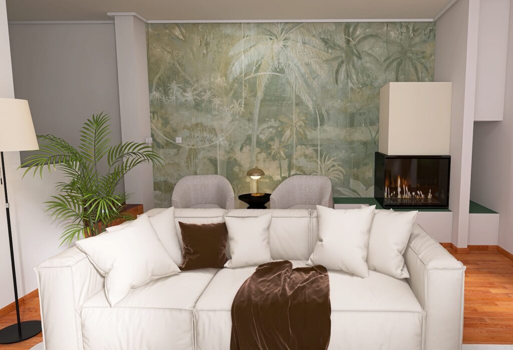 Kleines, gemütliches Wohnzimmer mit grüner Dschungel-Tapete, Kamin und Sofa in Creme