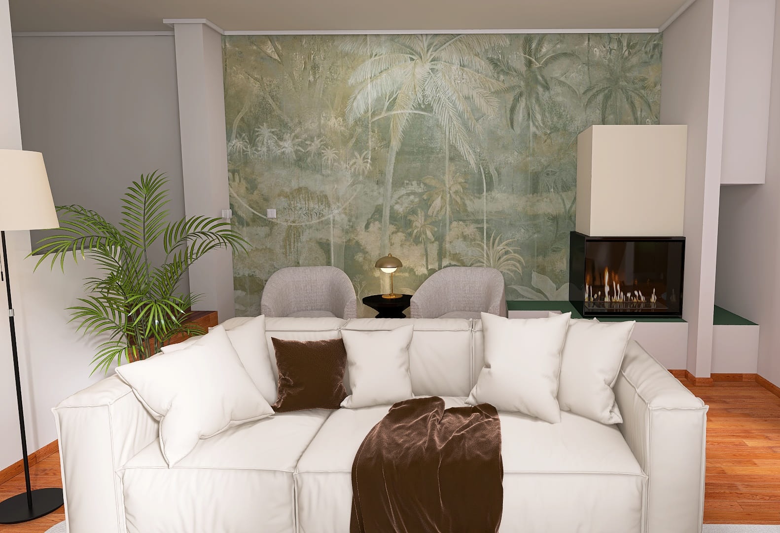 Kleines, gemütliches Wohnzimmer mit grüner Dschungel-Tapete, Kamin und Sofa in Creme