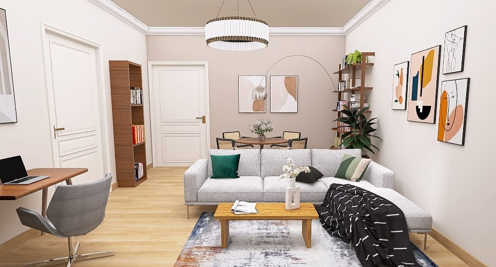 Kleines Wohnzimmer in beige mit Essbereich und Arbeitsecke