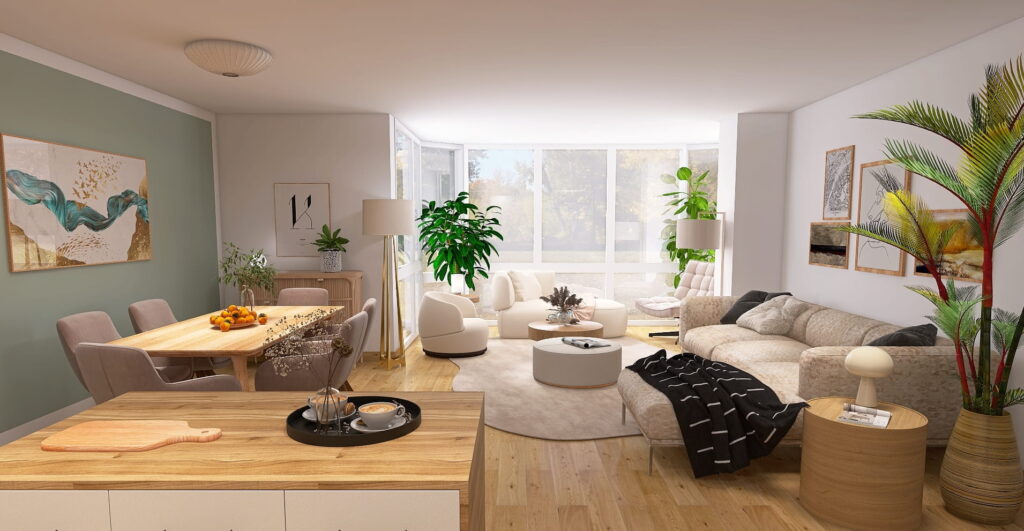 Gemütliches Wohnzimmer mit Loungebereich im Erker und mit Essbereich mit salbeifarbener Akzentwand