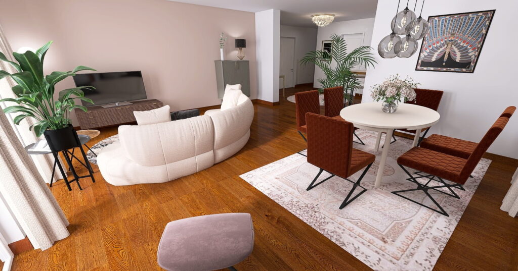 Modernes Wohnzimmer mit rundem Sofa, Akzentwand in warmem Beige und Essecke