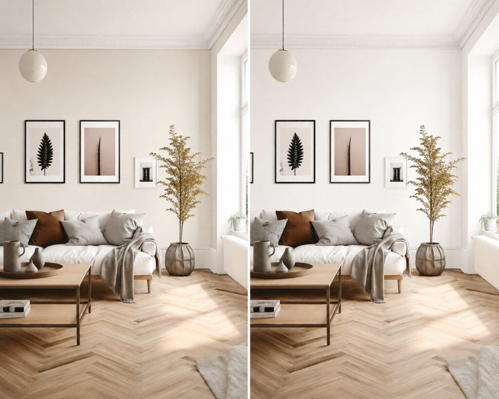 Kleines Wohnzimmer in warmem Weiß vs. kaltem Weiß als Wandfarbe