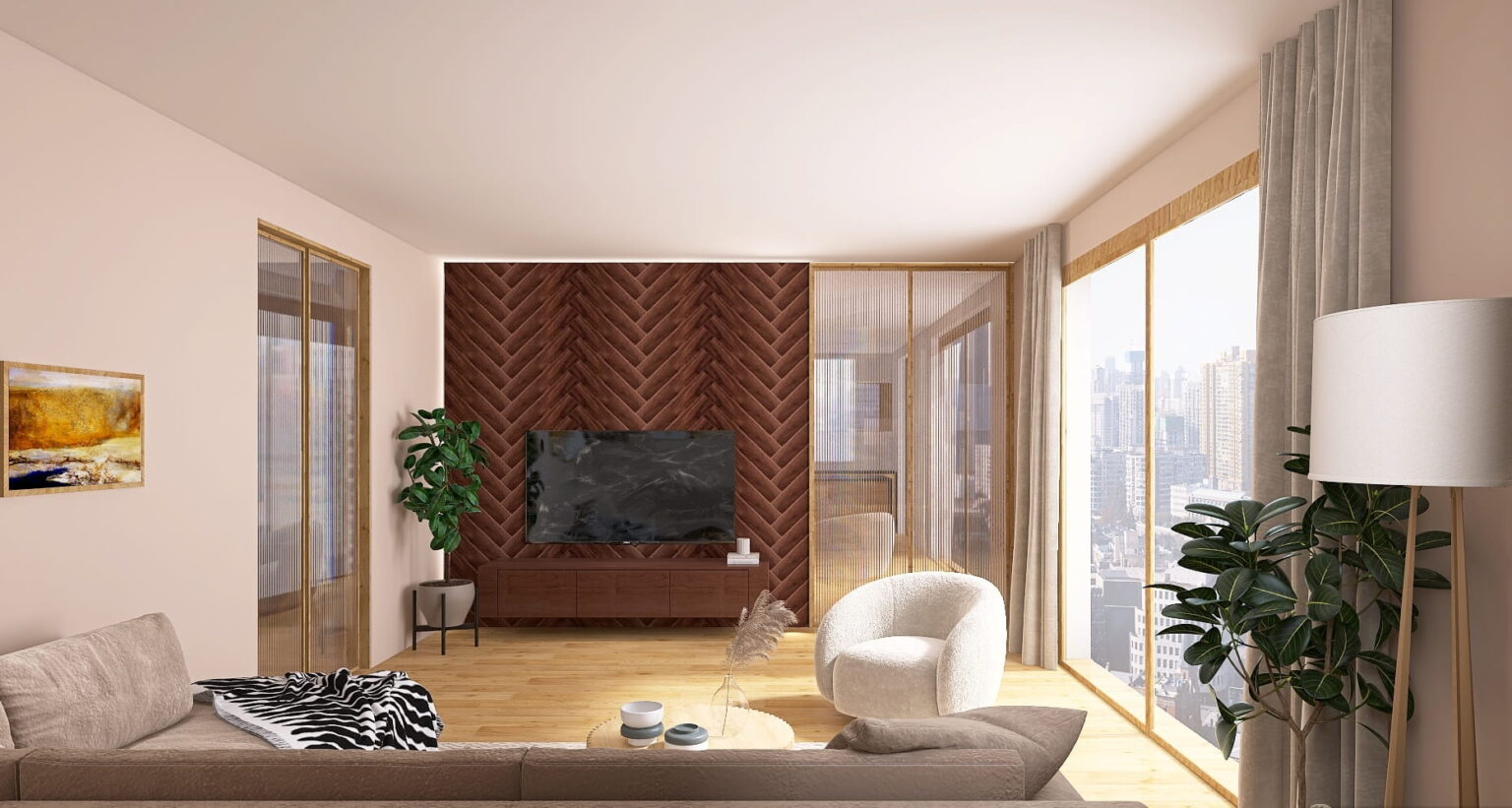 Modernes Wohnzimmer mit Akzentwand aus Holz und Wandgestaltung in warmem Beige