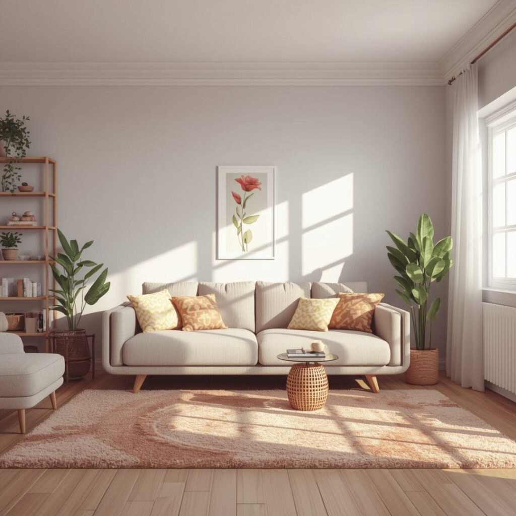 Modernes Altbau-Wohnzimmer mit beiger Couch und Hochflorteppich in warmem Farbton