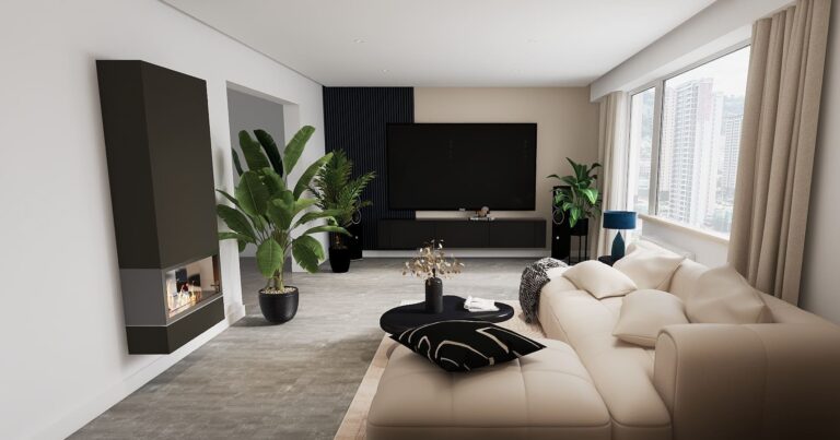 Modern-minimalistisches Wohnzimmer mit Wand in Beige und Holzverkleidung und Hängekamin