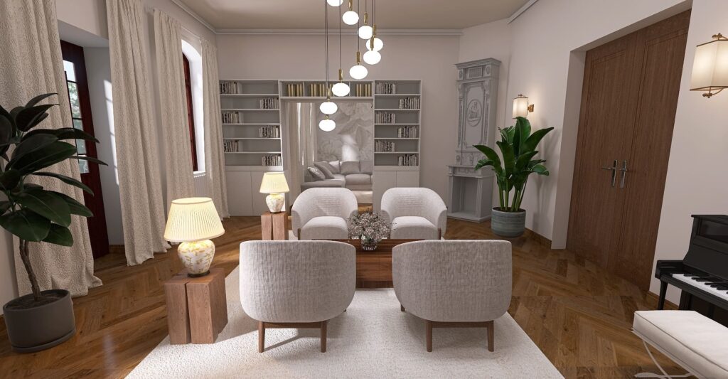 Gemütliches Wohnzimmer mit hohen Decken, Kamin, Sitzgruppe aus Sesseln und Wänden in Creme