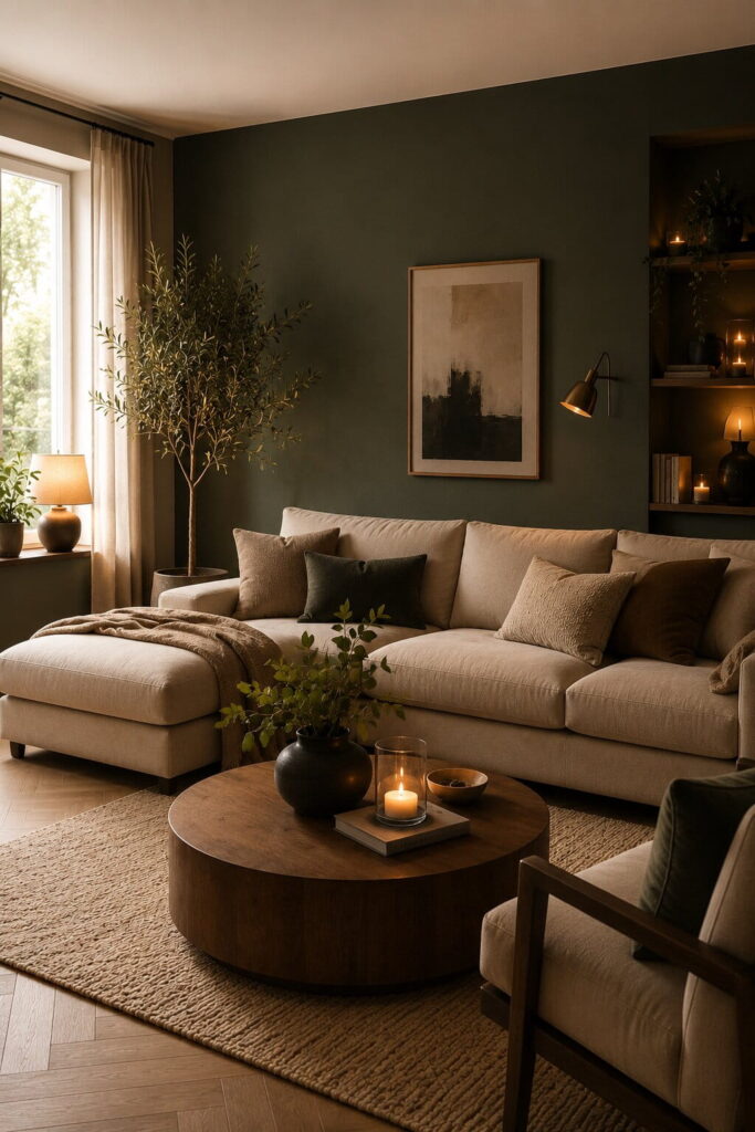 Gemütliches Wohnzimmer mit dunkelgrüner Wand und Couch in beige