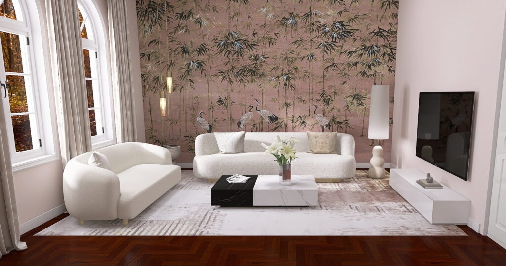 Modernes Altbau-Wohnzimmer mit weißen, minimalistischen Möbeln und rosa Wand mit Fototapete