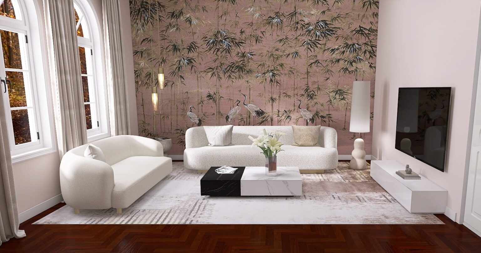 Modernes Altbau-Wohnzimmer mit weißen, minimalistischen Möbeln und rosa Wand mit Fototapete