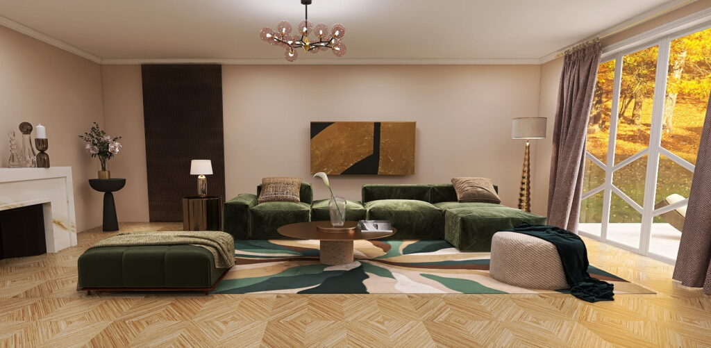 Modernes, minimalistisches Wohnzimmer mit grünem Sofa, Kamin und beigen Wänden