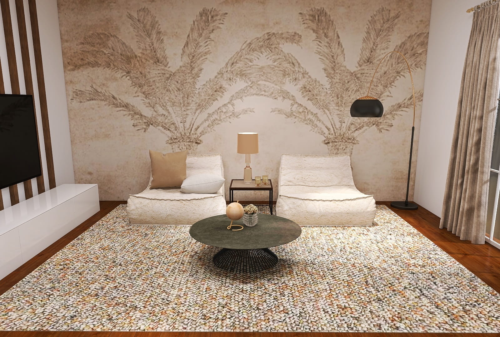 Gemütliches Wohnzimmer mit großem Teppich, minimalistischer Möblierung und Tapetenwand in Beige