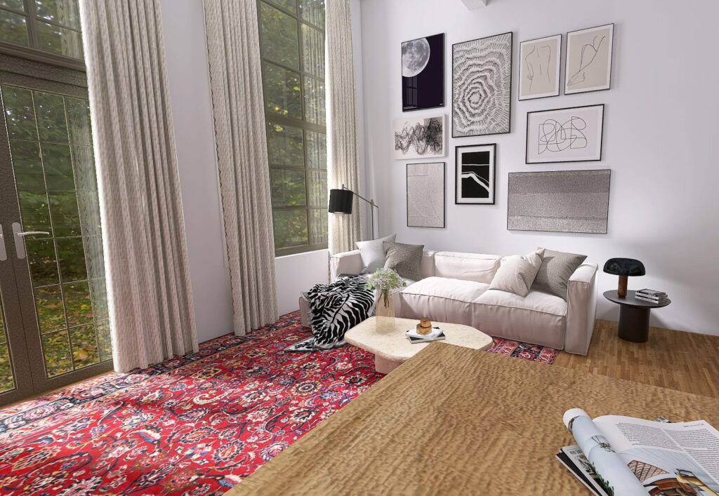 Minimalistisches Wohnzimmer mit hoher Decke, Wänden in Weiß, Bildergalerie und rotem Orientteppich