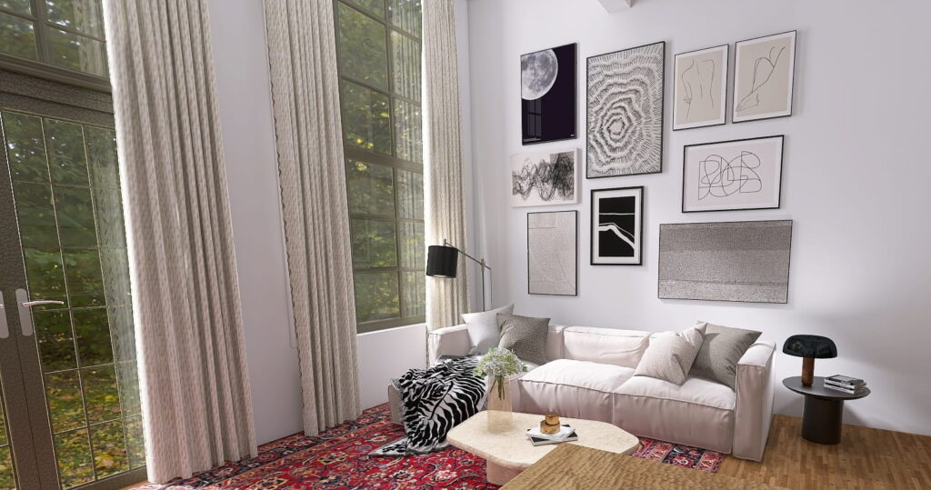 Minimalistisches Wohnzimmer mit hoher Decke, Wänden in Weiß, Bildergalerie und rotem Orientteppich