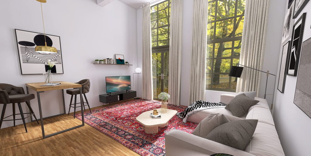 Minimalistischer Wohnraum mit hohen, weißen Wänden, grauem Sofa, Bartisch und rotem Orientteppich