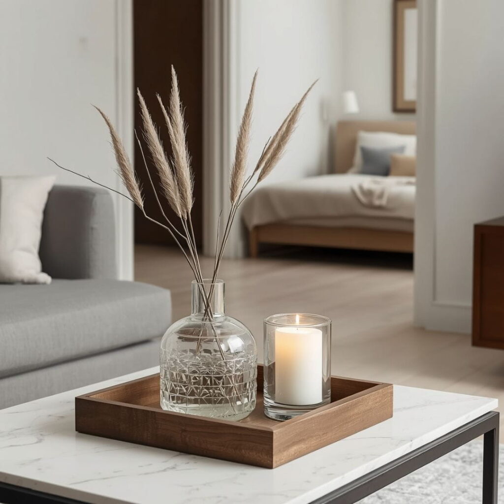 Minimalistische Couchtisch-Deko mit Tablett, Vase und Kerze