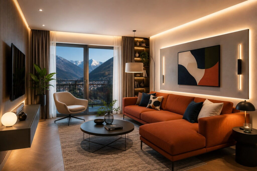 fewo-wohnzimmer mit couch in terrakotta und stimmungsvoller beleuchtung