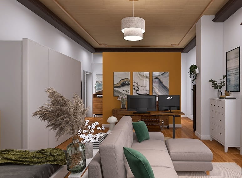 1-Zimmer-Wohnung mit gelber Wand und Sofabereich, Schlafecke und Schreibtisch in einem Raum