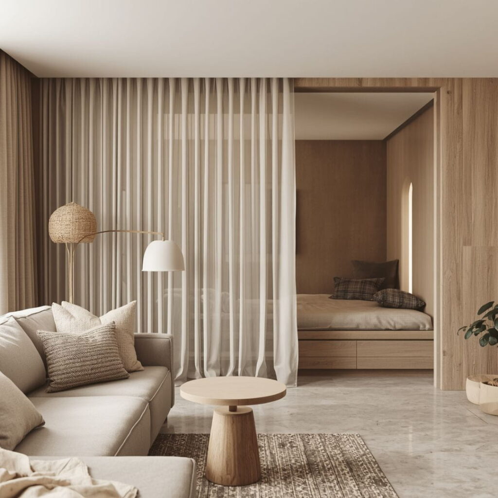 Moderne 1-Zimmer-Wohnung mit durch Vorhang abgetrennten Schlafbereich im schlichten Skandi Stil