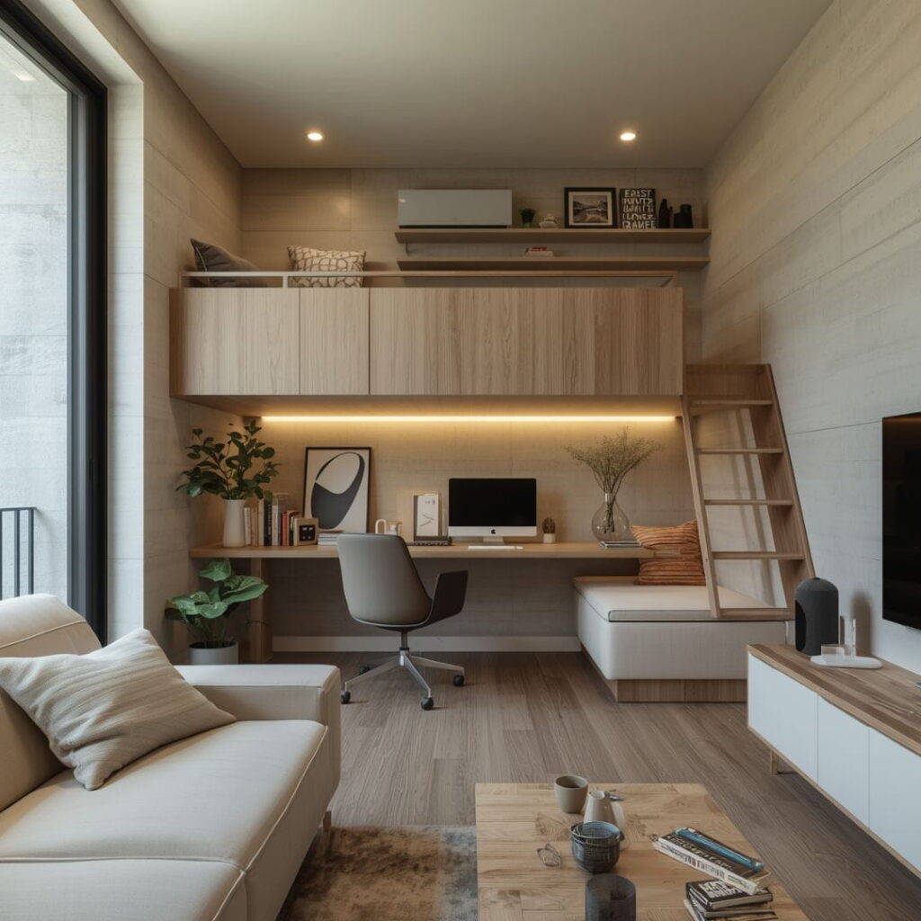Moderner Wohnraum mit viel Holz und Sofa und Schreibtisch und Hochbett als zweiter Ebene