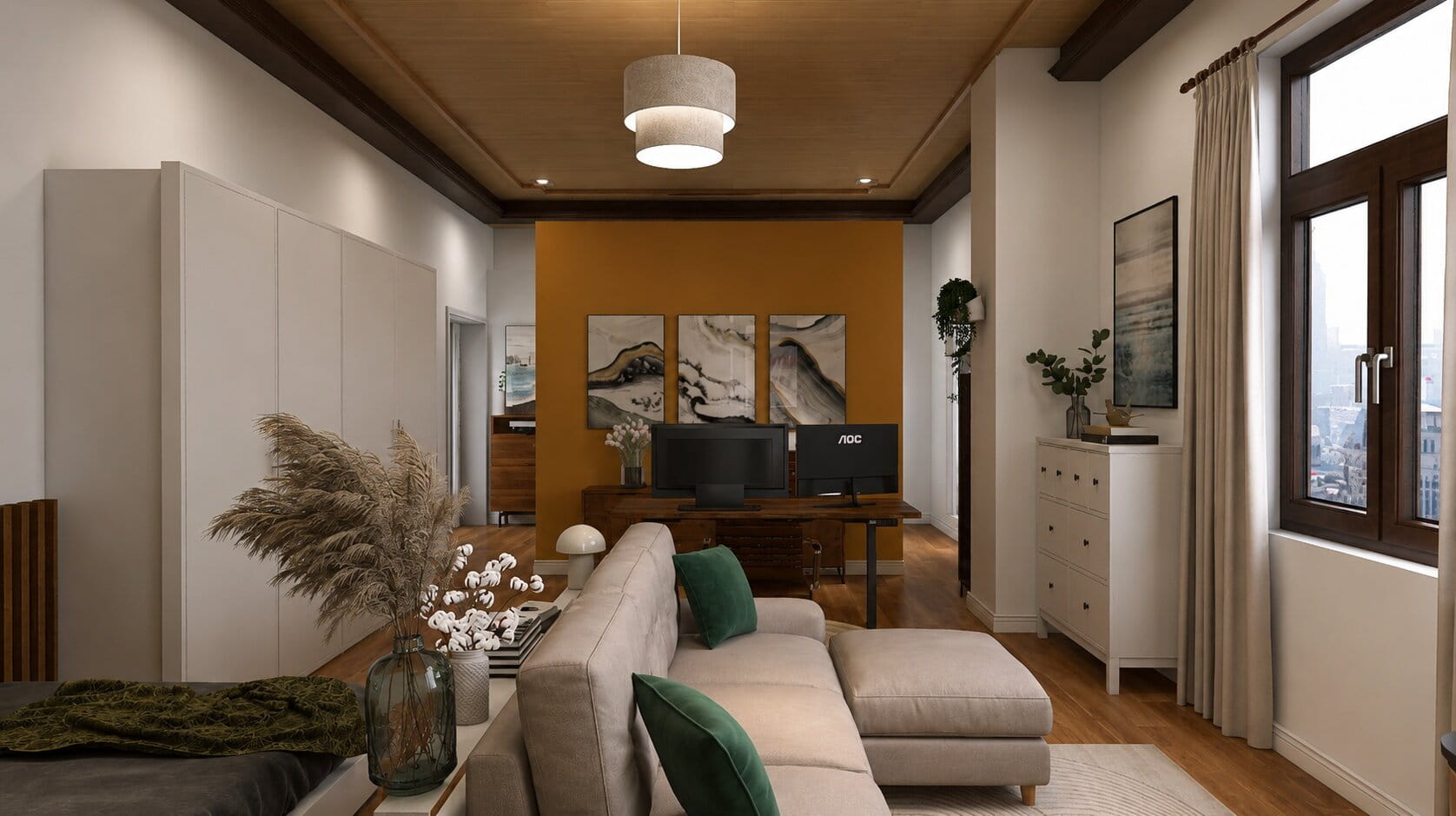 altbau-apartment mit Schlaf-, Wohn- und Arbeitsbereich und senfgelber akzentwand