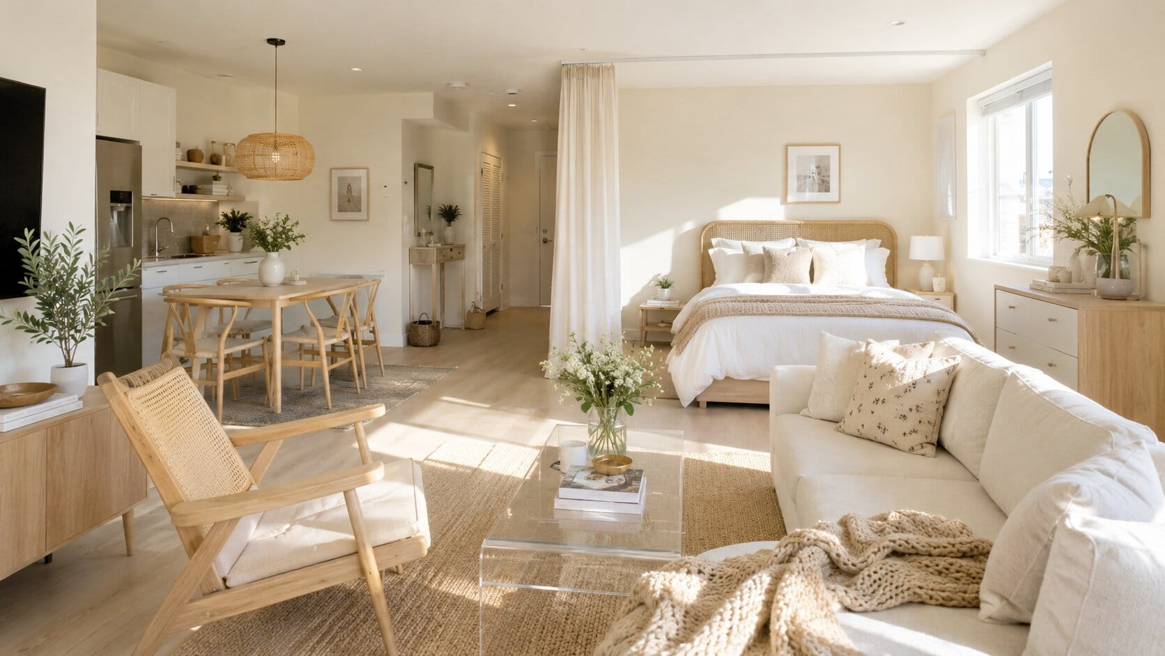 helle 1-zimmer-wohnung mit möbeln aus holz und rattan