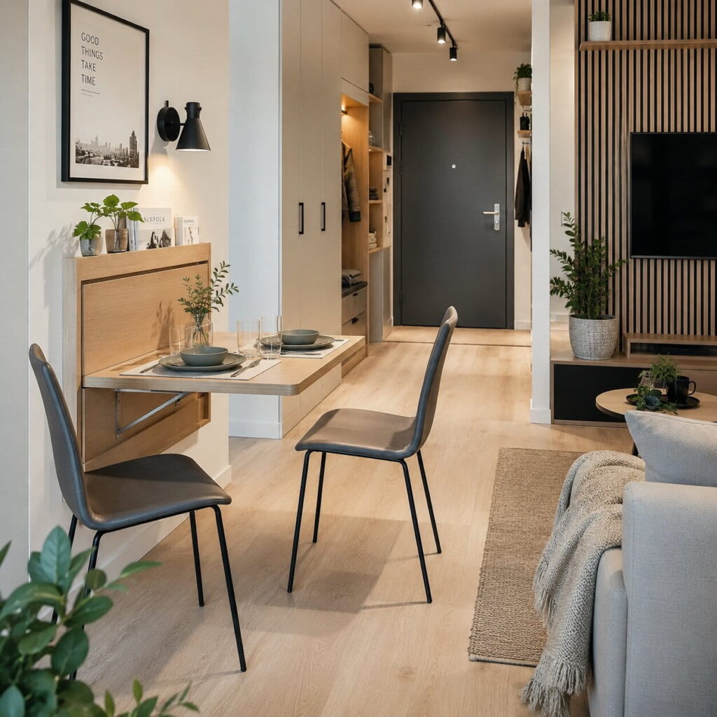 kleine 1-zimmer-wohnung mit platzsparendem klapptisch