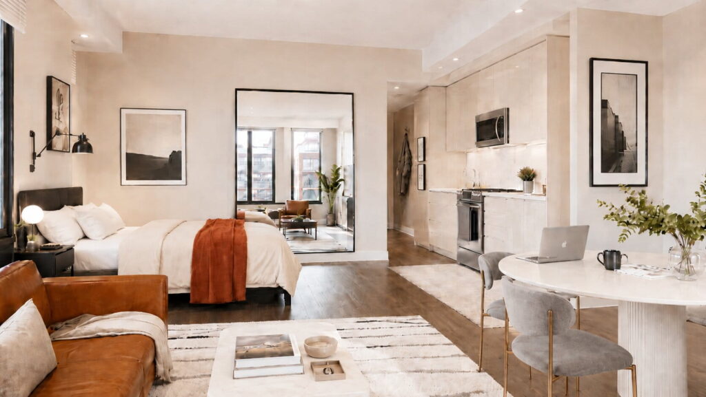gemütliche 1-zimmer-wohnung mit hellen wänden in creme