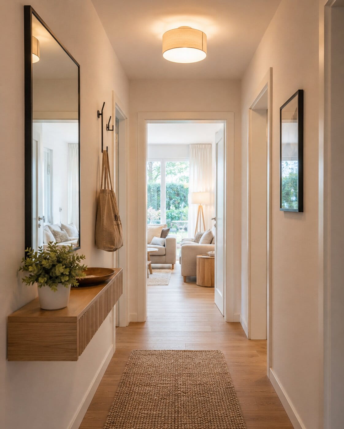 heller ferienwohnung-flur mit spiegel, ablage und teppich