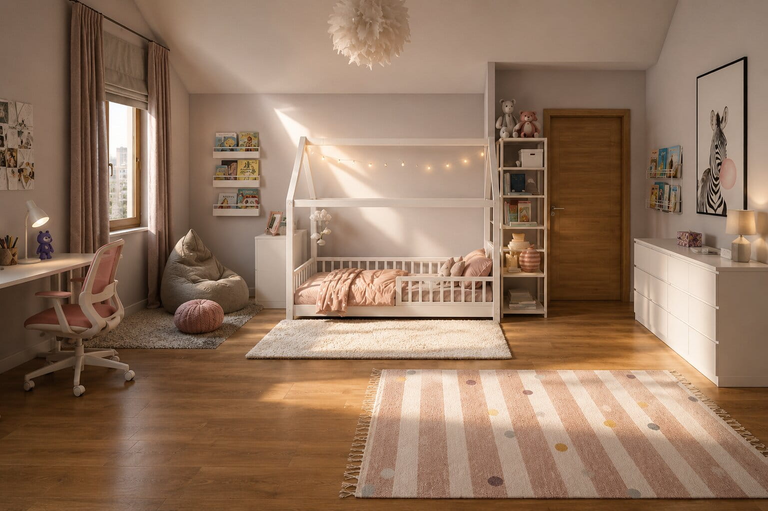 mädchen-kinderzimmer mit dachschrägen und hausbett