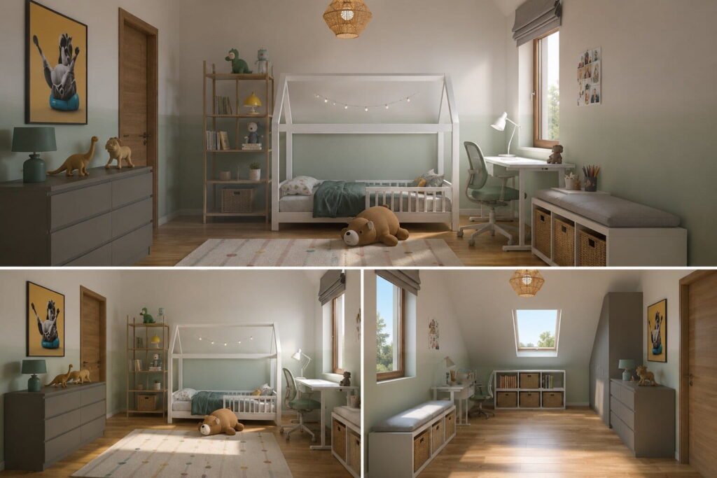 kinderzimmer mit schrägen mit wand-farbverlauf in mint und hausbett