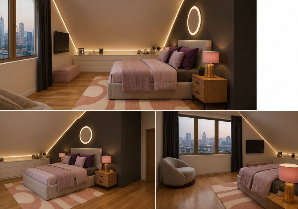 schlafzimmer mit schrägen mit indirekter led-beleuchtung und akzentwand in anthrazit