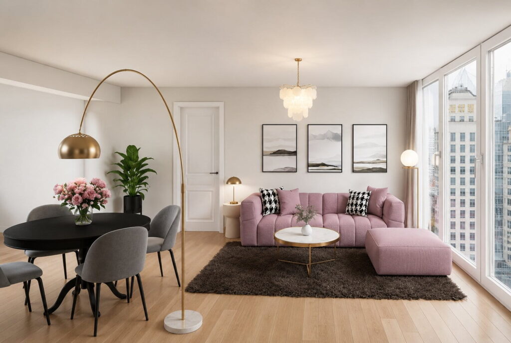 kleines wohn-esszimmer in creme mit akzentwand in flieder