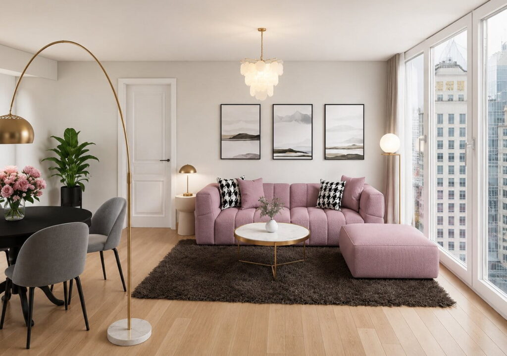 wohn-esszimmer in creme mit akzentwand in flieder