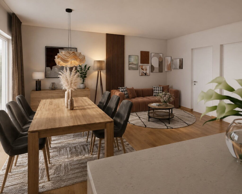 gemütliches wohnzimmer mit essbereich in natürlichem stil