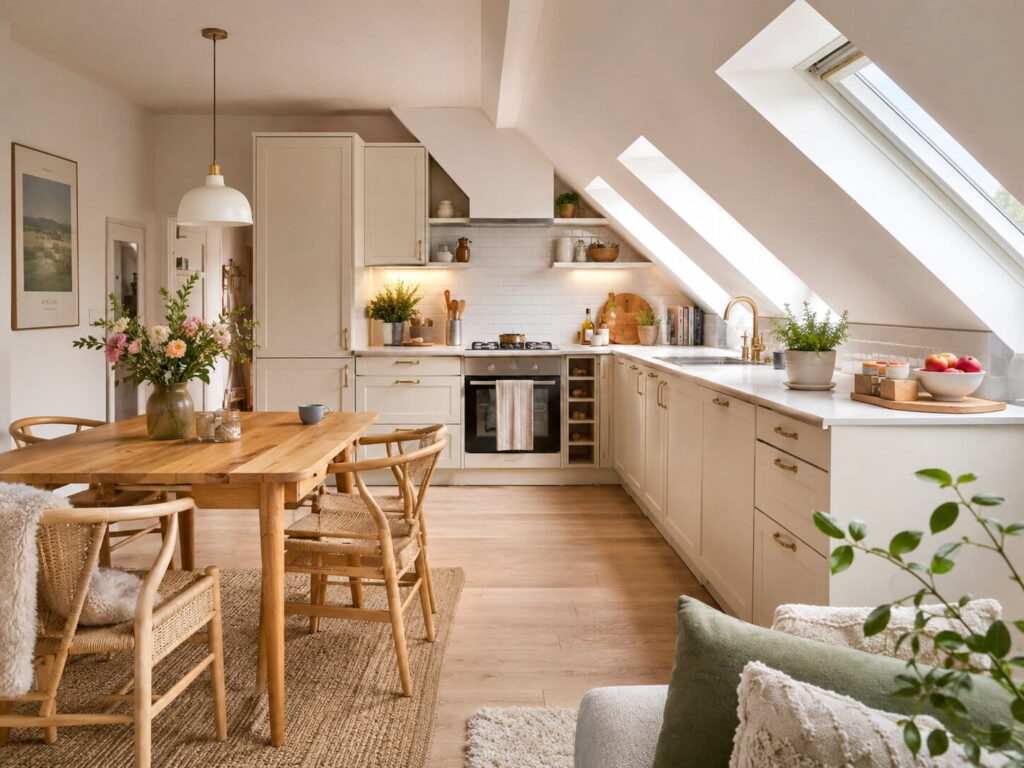 gemütliche, helle küche mit schrägen und esstisch aus holz