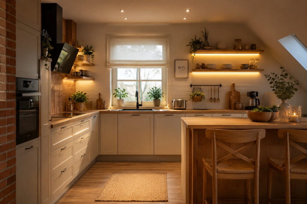 gemütliche landhause-küche mit schräge und essbereich aus holz