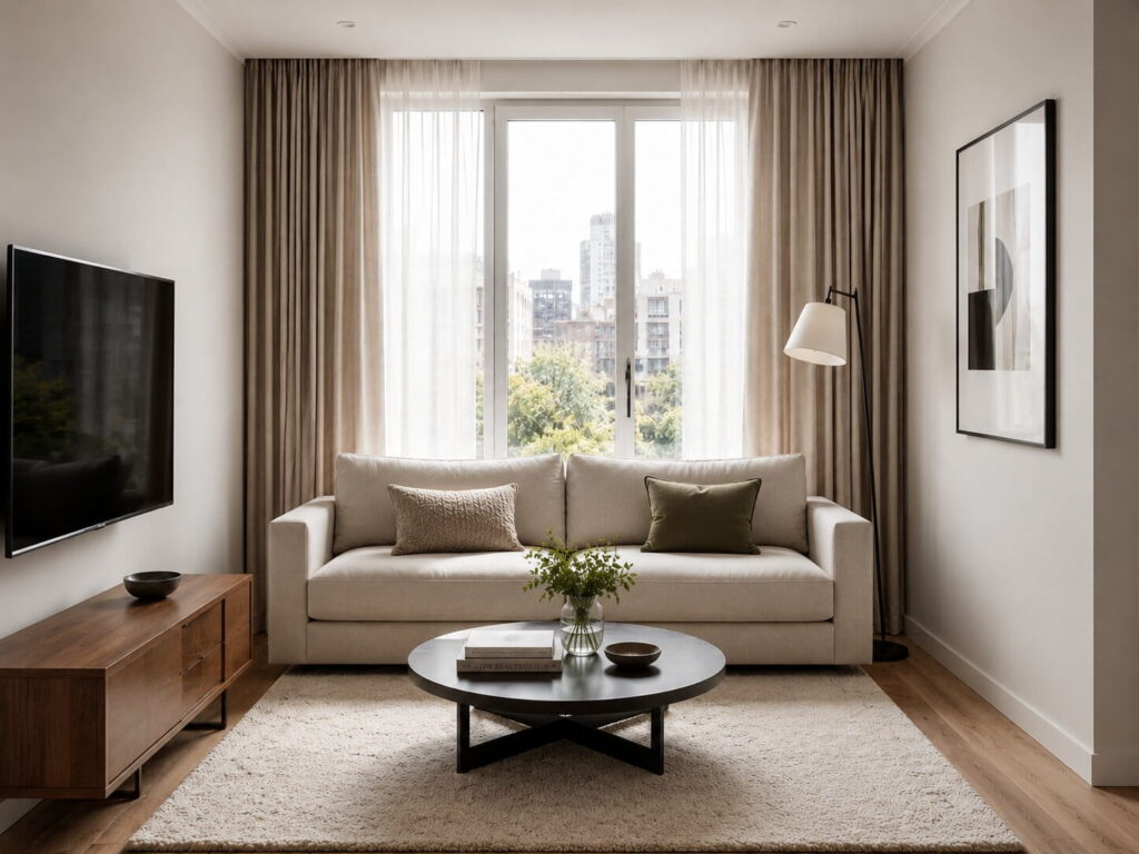 kleines wohnzimmer mit schmalen grundriss im minimalismus stil eingerichtet