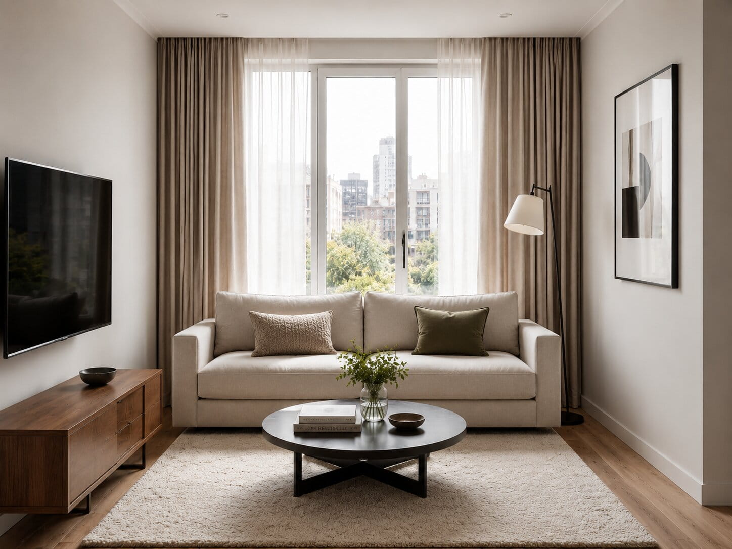 kleines minimalistisches wohnzimmer mit schmalen grundriss