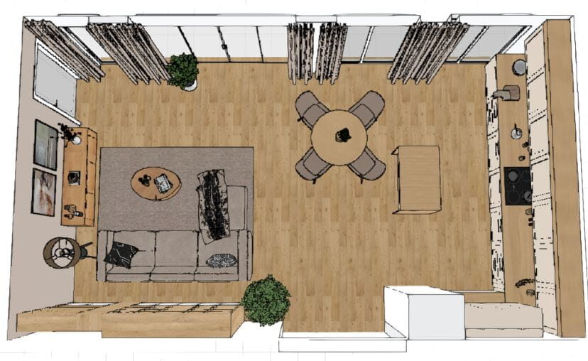 raumplanung von offenem wohnzimmer mit essbereich, sofaecke und küche