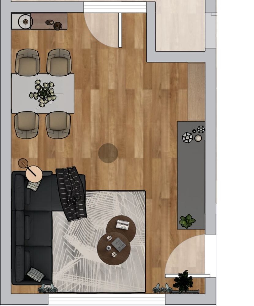 grundrissplan von kleinem wohn-esszimmer mit zwei türen und eckcouch