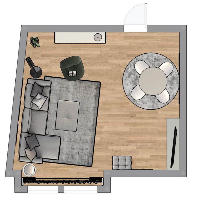 grundriss von kleinem, quadratischem wohnzimmer mit rundem esstisch, eckcouch und fernseher
