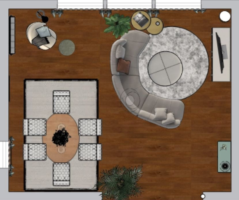 grundriss von wohn-esszimmer mit ovalen esstisch und runder couch
