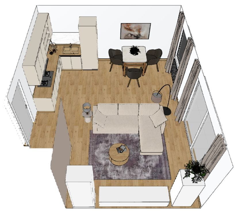 raumplanung von kleinem, offenem wohnzimmer mit vielen fenstern, esstisch, eckcouch als raumteiler und küche