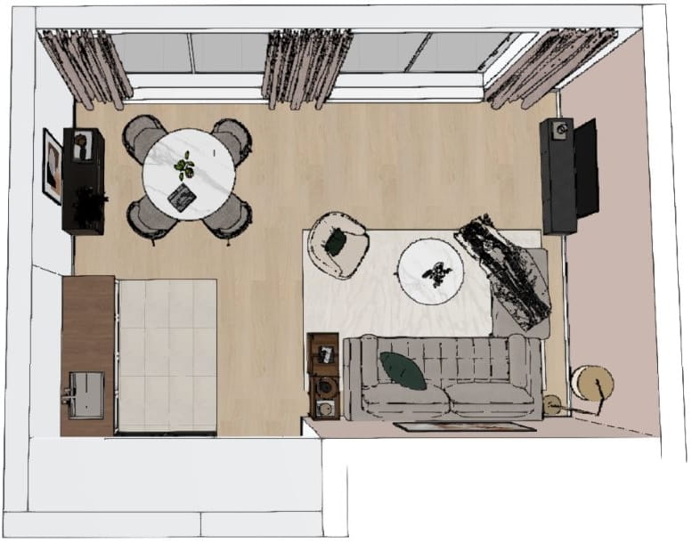 raumplanung von wohnzimmer mit viel fensterfläche, mit rundem esstisch, eckcouch und küche