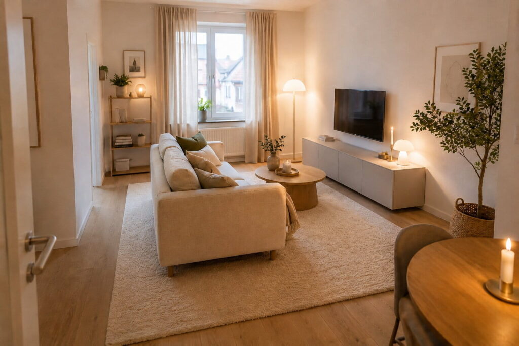 kleines wohnzimmer mit hellen möbeln und gemütlicher beleuchtung