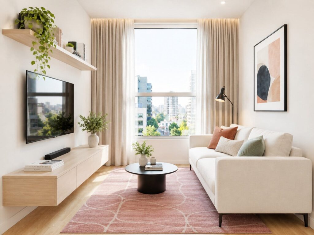 kleines, helles wohnzimmer mit sofa, teppich und großem fenster