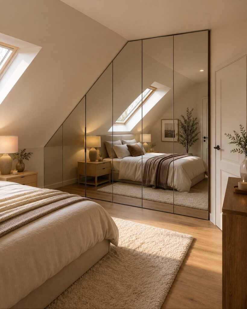 kleines schlafzimmer mit schrägen und spiegelschrank