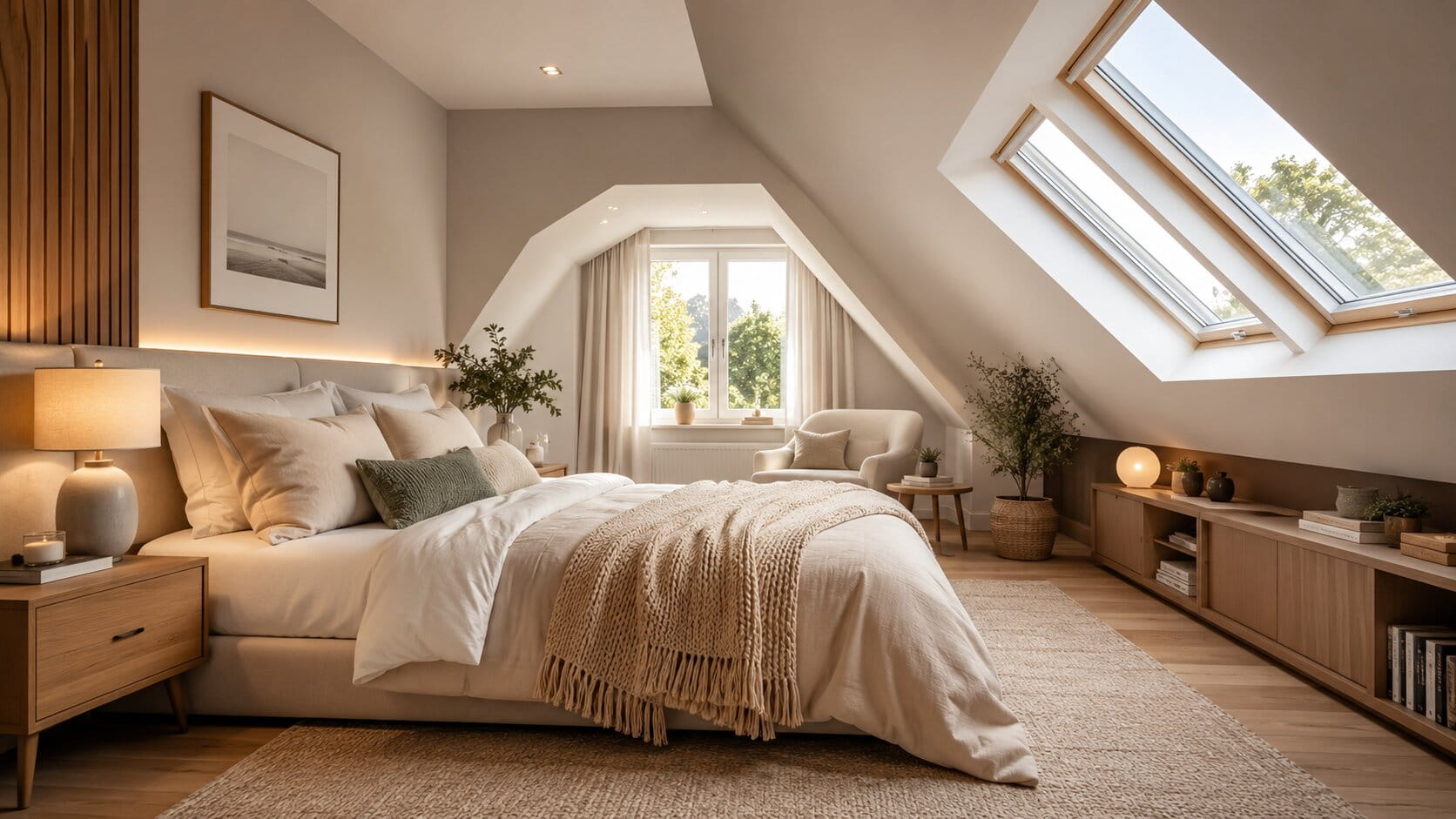 helles dachgeschoss-schlafzimmer mit schrägen und niedrigem kniestock